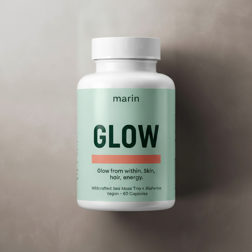 Marin Glow bottle: wildcrafted sea moss trio plus BioPerine, vegan, 60 capsules